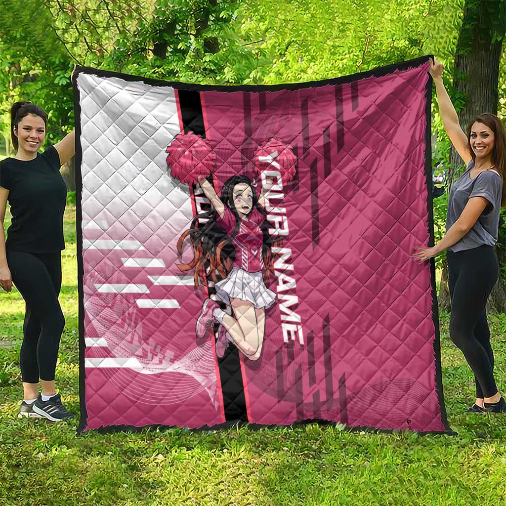 Personalized Nezuko Kamado Demon Slayer Badminton Cheerleader Quilt with Pom Poms and Pink White Graphic Design - The Mazicc