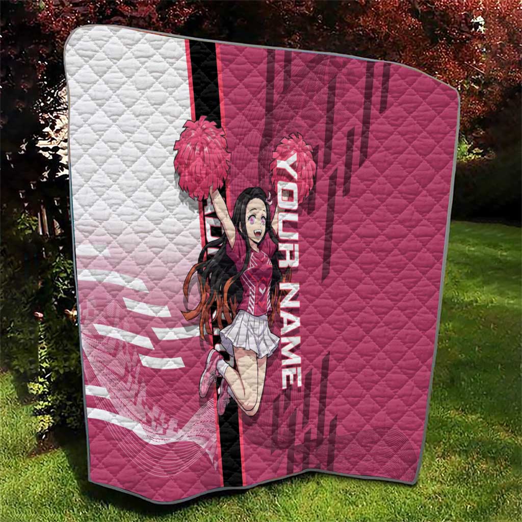 Personalized Nezuko Kamado Demon Slayer Badminton Cheerleader Quilt with Pom Poms and Pink White Graphic Design - The Mazicc