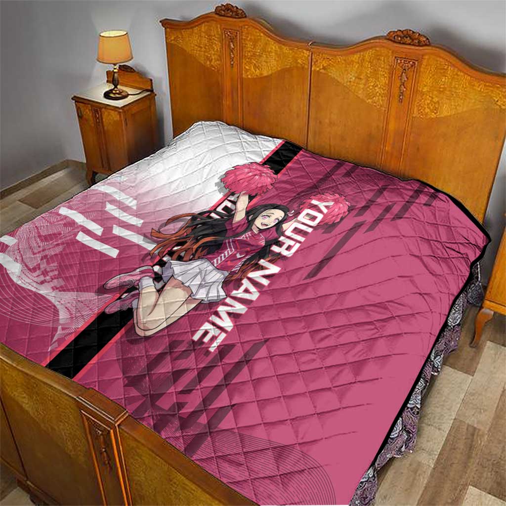 Personalized Nezuko Kamado Demon Slayer Badminton Cheerleader Quilt with Pom Poms and Pink White Graphic Design - The Mazicc