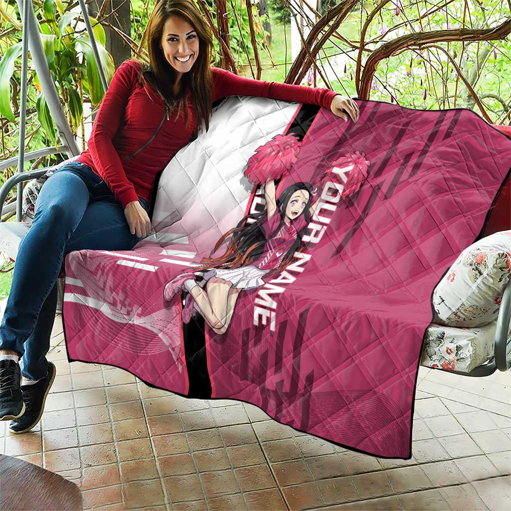 Personalized Nezuko Kamado Demon Slayer Badminton Cheerleader Quilt with Pom Poms and Pink White Graphic Design - The Mazicc