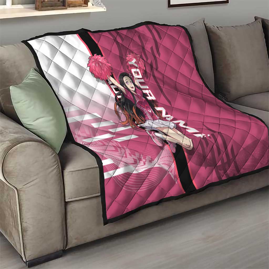 Personalized Nezuko Kamado Demon Slayer Badminton Cheerleader Quilt with Pom Poms and Pink White Graphic Design - The Mazicc