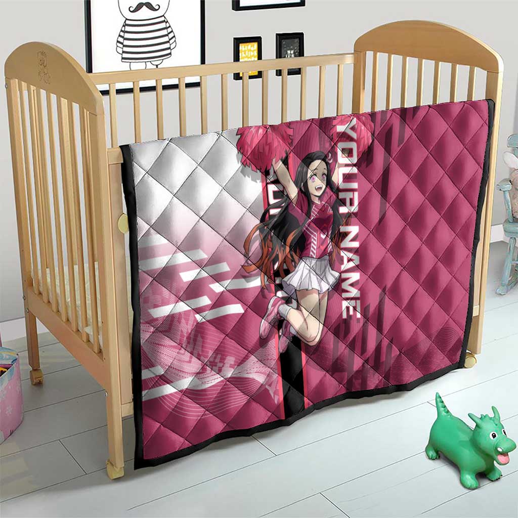 Personalized Nezuko Kamado Demon Slayer Badminton Cheerleader Quilt with Pom Poms and Pink White Graphic Design - The Mazicc