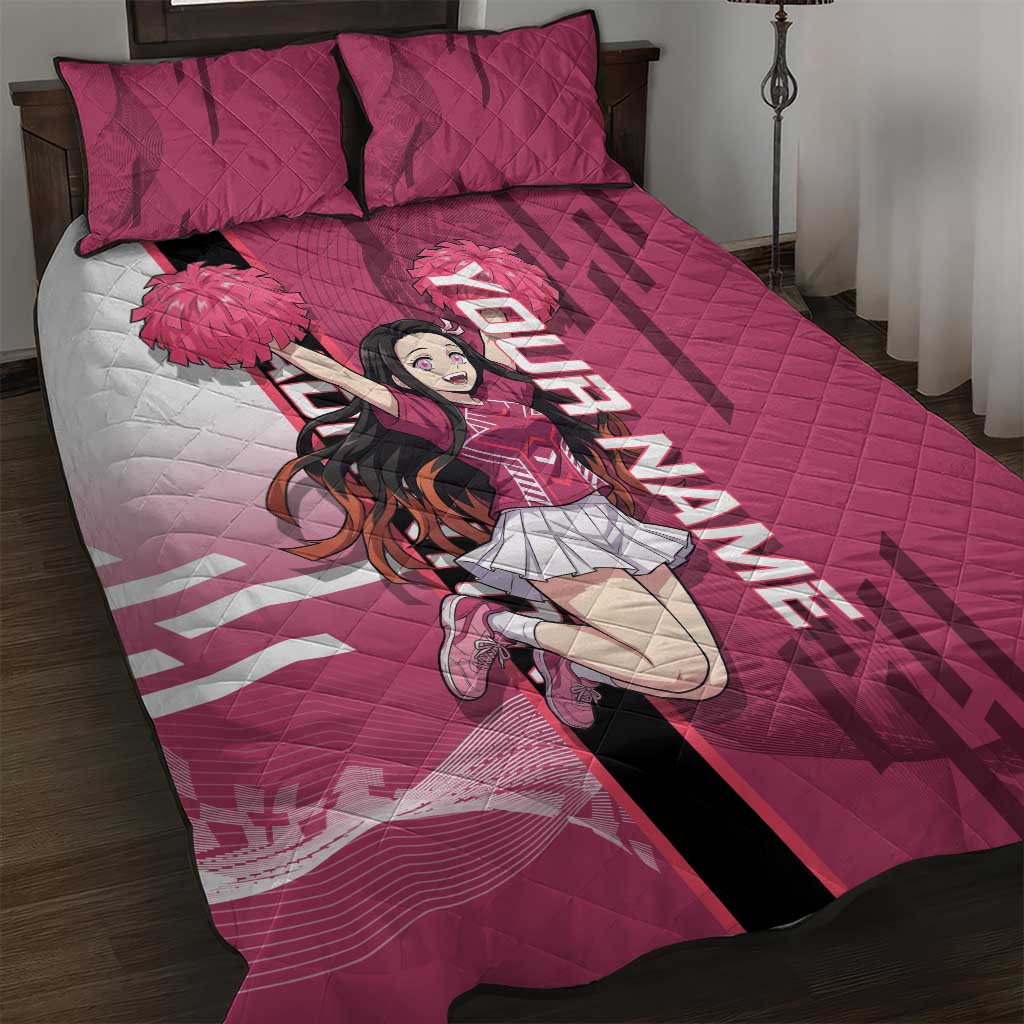 Personalized Nezuko Kamado Demon Slayer Badminton Cheerleader Quilt Bed Set with Pom Poms and Pink White Graphic Design - The Mazicc