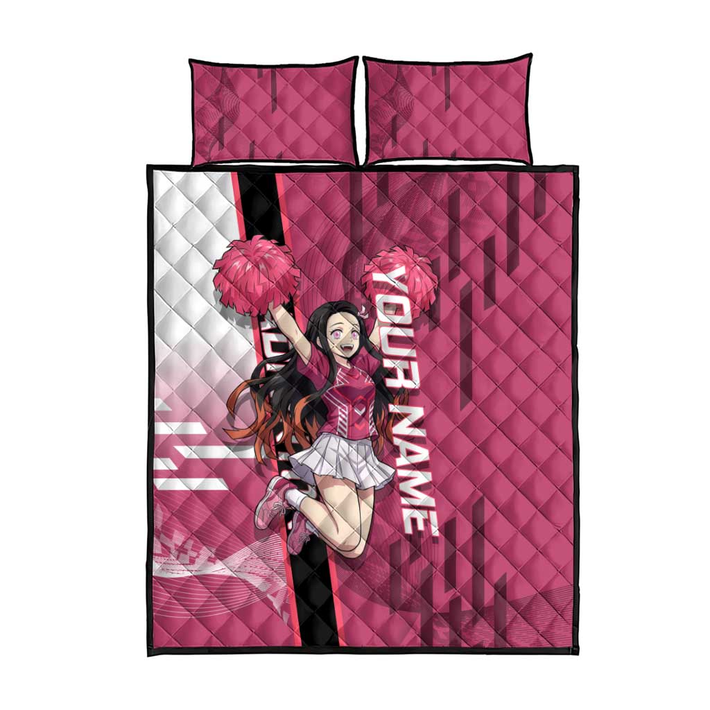 Personalized Nezuko Kamado Demon Slayer Badminton Cheerleader Quilt Bed Set with Pom Poms and Pink White Graphic Design - The Mazicc