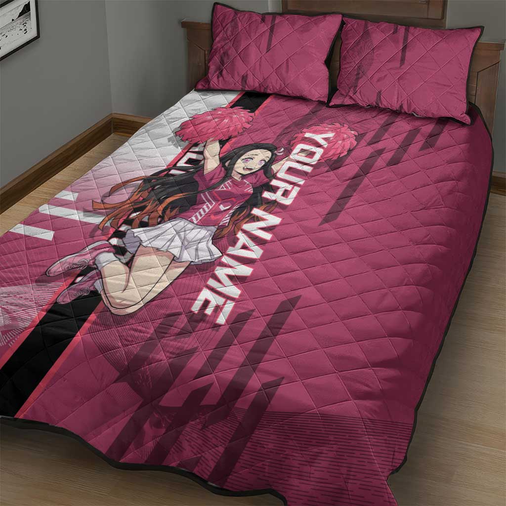 Personalized Nezuko Kamado Demon Slayer Badminton Cheerleader Quilt Bed Set with Pom Poms and Pink White Graphic Design - The Mazicc