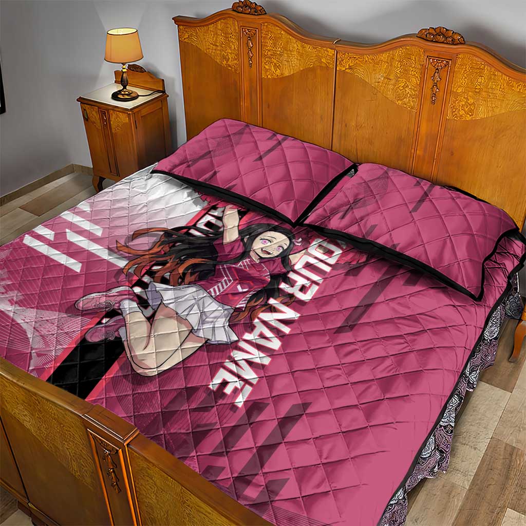 Personalized Nezuko Kamado Demon Slayer Badminton Cheerleader Quilt Bed Set with Pom Poms and Pink White Graphic Design - The Mazicc