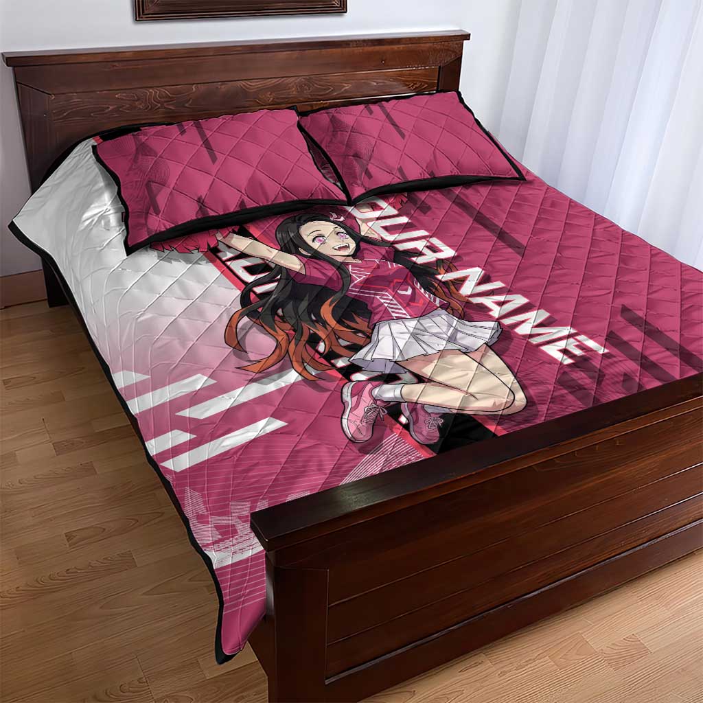 Personalized Nezuko Kamado Demon Slayer Badminton Cheerleader Quilt Bed Set with Pom Poms and Pink White Graphic Design - The Mazicc