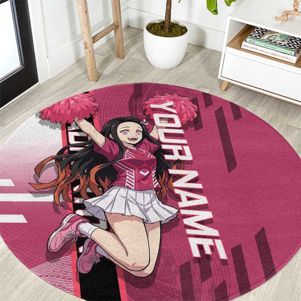Personalized Nezuko Kamado Demon Slayer Badminton Cheerleader Round Carpet with Pom Poms and Pink White Graphic Design - The Mazicc