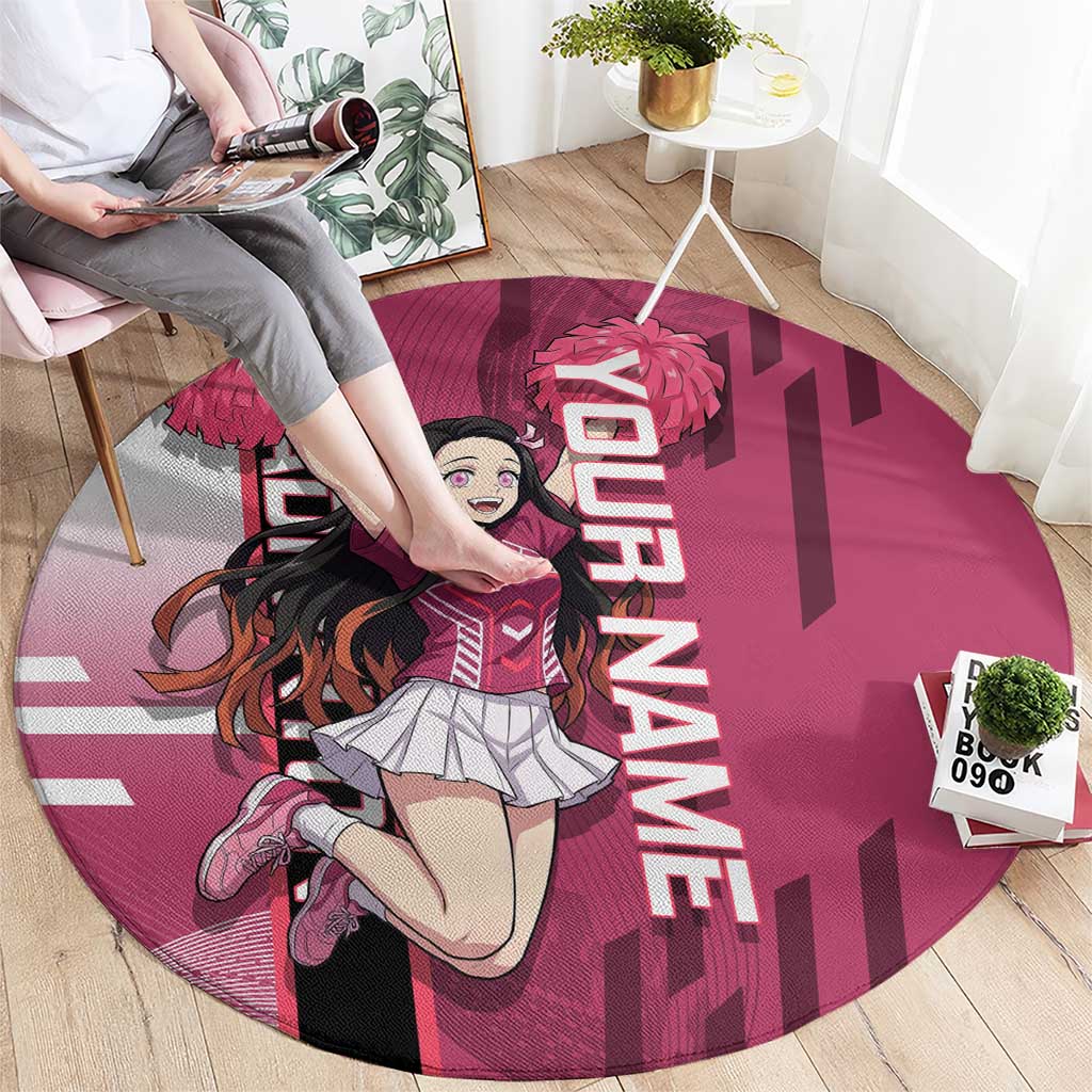 Personalized Nezuko Kamado Demon Slayer Badminton Cheerleader Round Carpet with Pom Poms and Pink White Graphic Design - The Mazicc