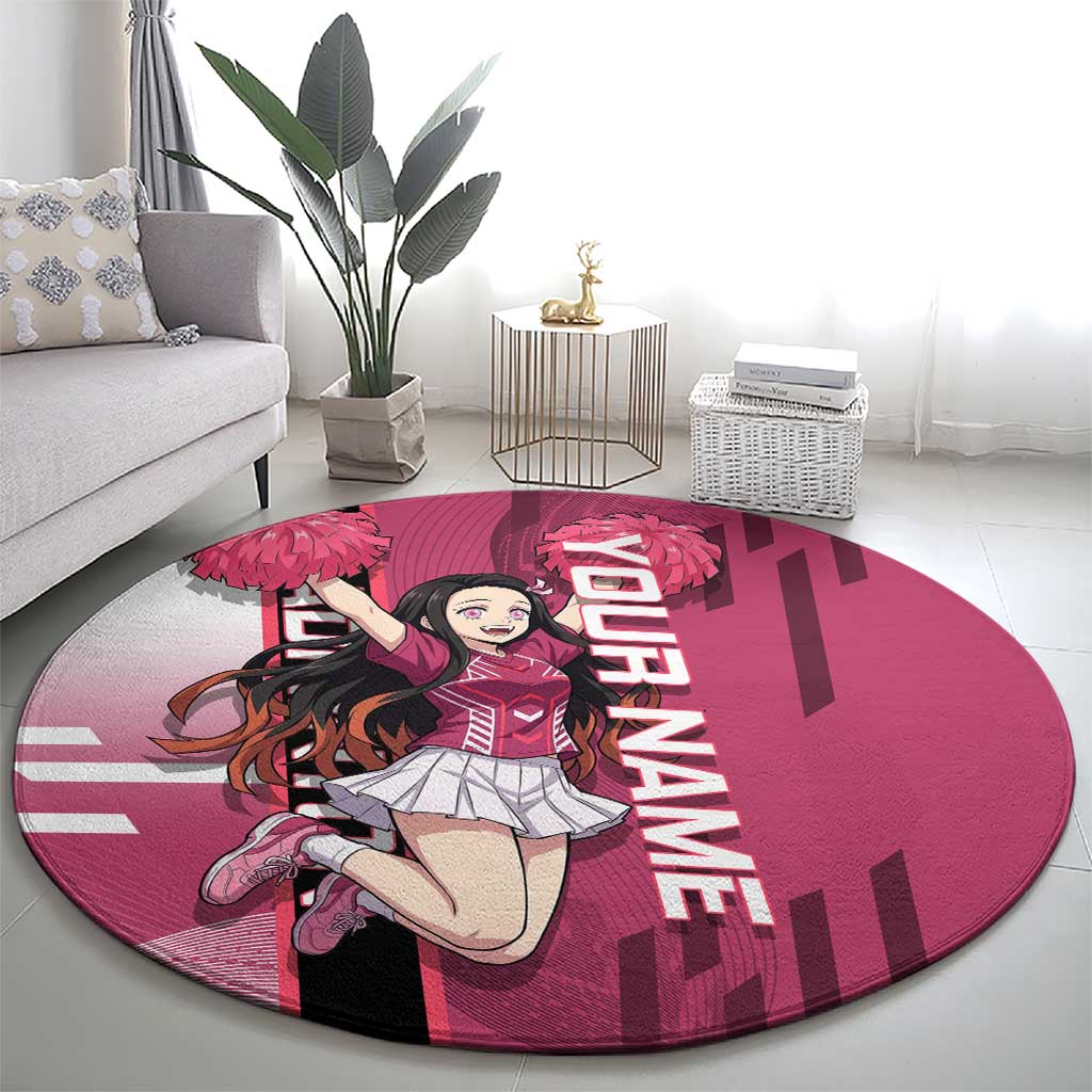 Personalized Nezuko Kamado Demon Slayer Badminton Cheerleader Round Carpet with Pom Poms and Pink White Graphic Design - The Mazicc