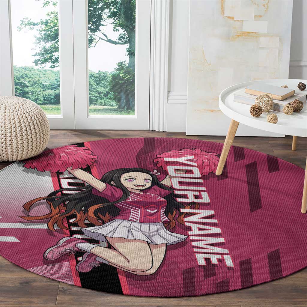 Personalized Nezuko Kamado Demon Slayer Badminton Cheerleader Round Carpet with Pom Poms and Pink White Graphic Design - The Mazicc