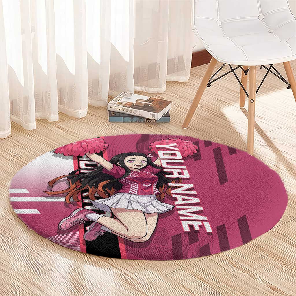 Personalized Nezuko Kamado Demon Slayer Badminton Cheerleader Round Carpet with Pom Poms and Pink White Graphic Design - The Mazicc