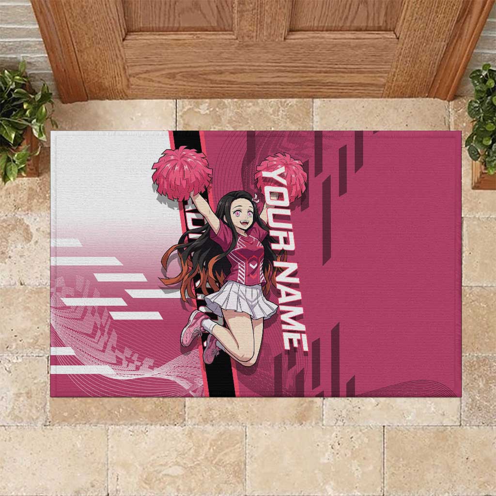 Personalized Nezuko Kamado Demon Slayer Badminton Cheerleader Rubber Doormat with Pom Poms and Pink White Graphic Design - The Mazicc