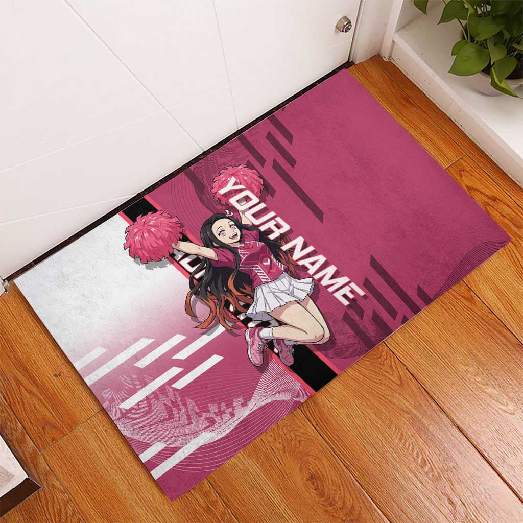 Personalized Nezuko Kamado Demon Slayer Badminton Cheerleader Rubber Doormat with Pom Poms and Pink White Graphic Design - The Mazicc