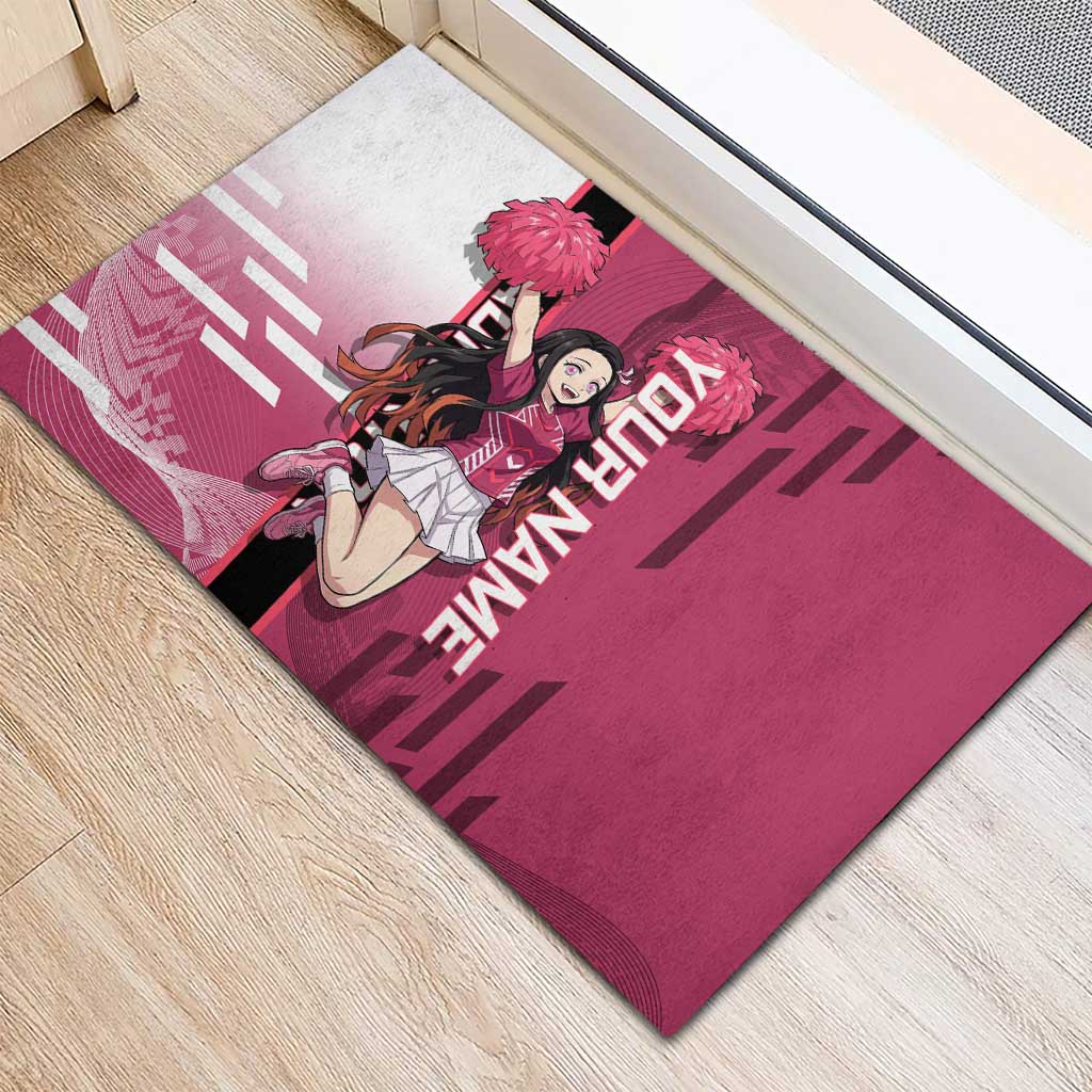 Personalized Nezuko Kamado Demon Slayer Badminton Cheerleader Rubber Doormat with Pom Poms and Pink White Graphic Design - The Mazicc
