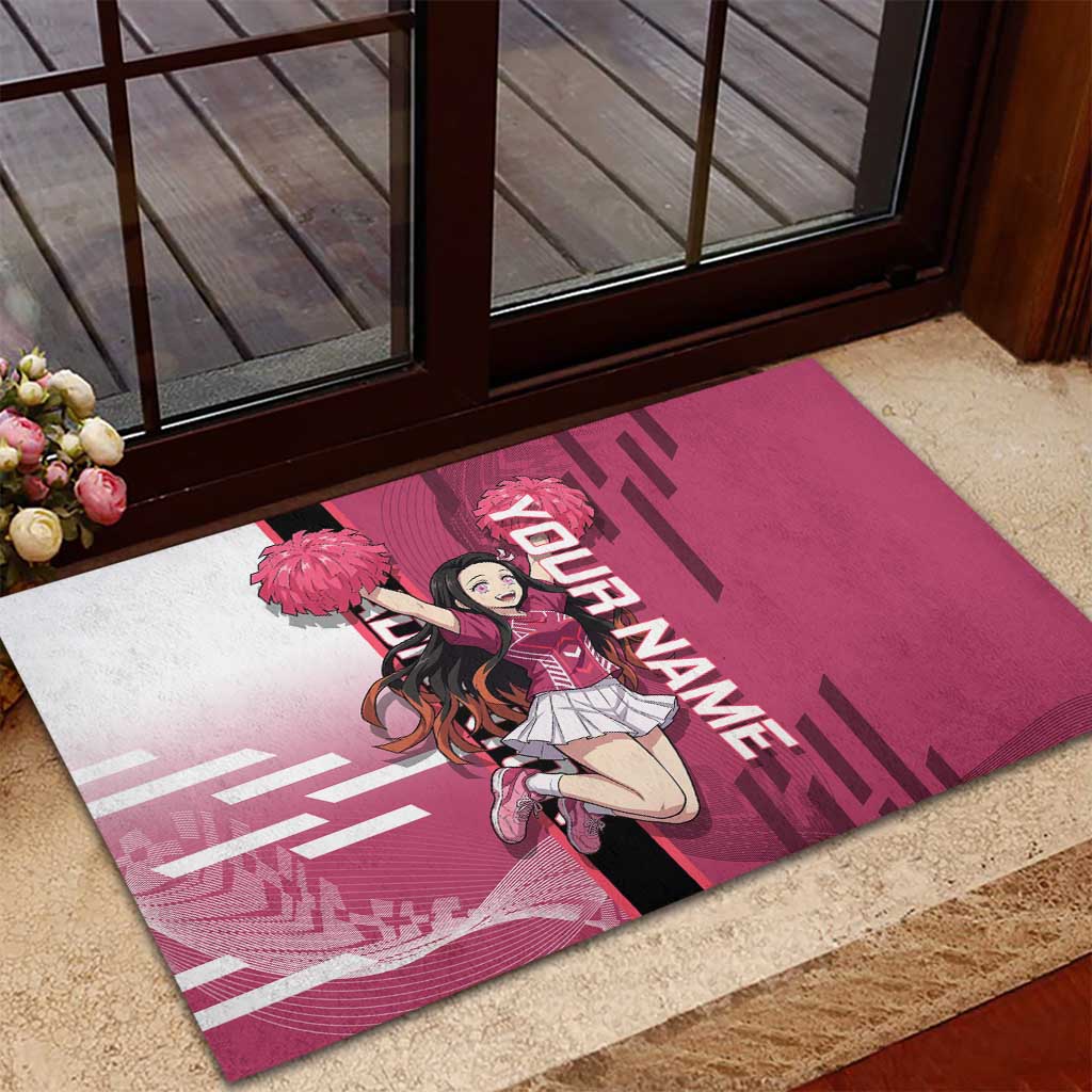Personalized Nezuko Kamado Demon Slayer Badminton Cheerleader Rubber Doormat with Pom Poms and Pink White Graphic Design - The Mazicc