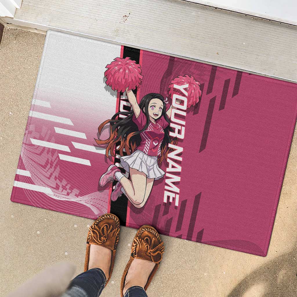 Personalized Nezuko Kamado Demon Slayer Badminton Cheerleader Rubber Doormat with Pom Poms and Pink White Graphic Design - The Mazicc