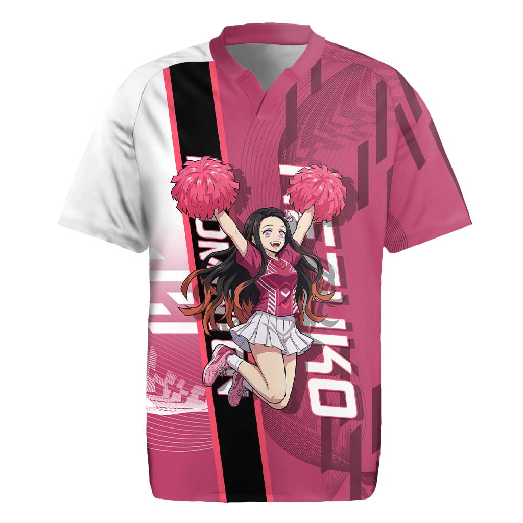 Personalized Nezuko Kamado Demon Slayer Badminton Cheerleader Rugby Jersey with Pom Poms and Pink White Graphic Design - The Mazicc