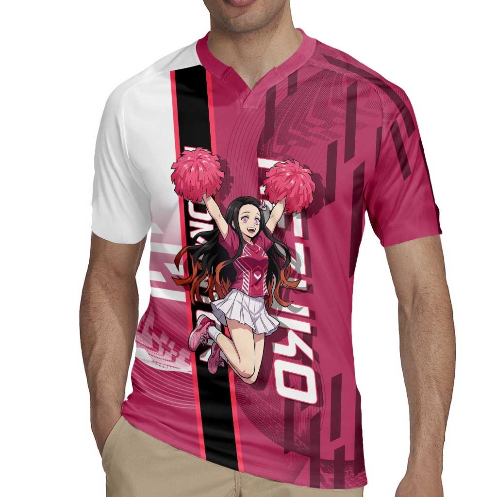 Personalized Nezuko Kamado Demon Slayer Badminton Cheerleader Rugby Jersey with Pom Poms and Pink White Graphic Design - The Mazicc