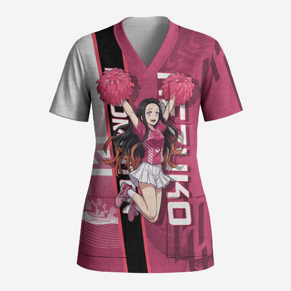 Personalized Nezuko Kamado Demon Slayer Badminton Cheerleader Scrub Top with Pom Poms and Pink White Graphic Design - The Mazicc