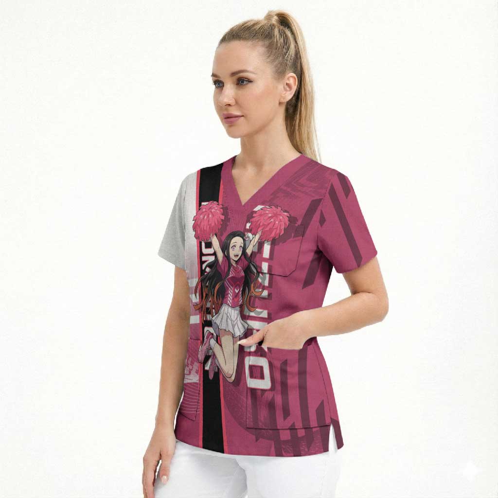 Personalized Nezuko Kamado Demon Slayer Badminton Cheerleader Scrub Top with Pom Poms and Pink White Graphic Design - The Mazicc