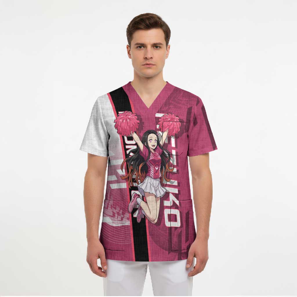 Personalized Nezuko Kamado Demon Slayer Badminton Cheerleader Scrub Top with Pom Poms and Pink White Graphic Design - The Mazicc
