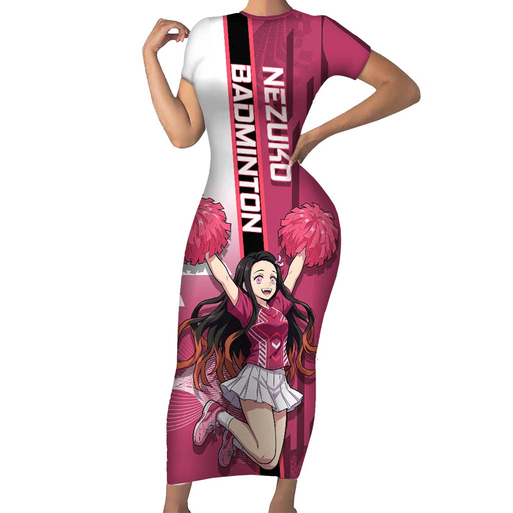 Personalized Nezuko Kamado Demon Slayer Badminton Cheerleader Short Sleeve Bodycon Dress with Pom Poms and Pink White Graphic Design - The Mazicc