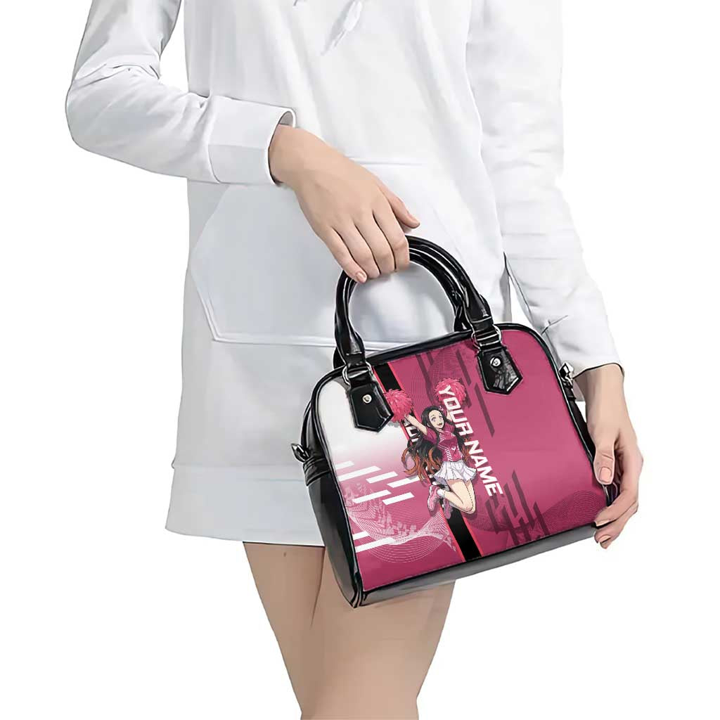 Personalized Nezuko Kamado Demon Slayer Badminton Cheerleader Shoulder Handbag with Pom Poms and Pink White Graphic Design - The Mazicc