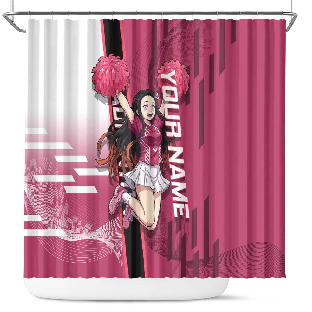 Personalized Nezuko Kamado Demon Slayer Badminton Cheerleader Shower Curtain with Pom Poms and Pink White Graphic Design - The Mazicc