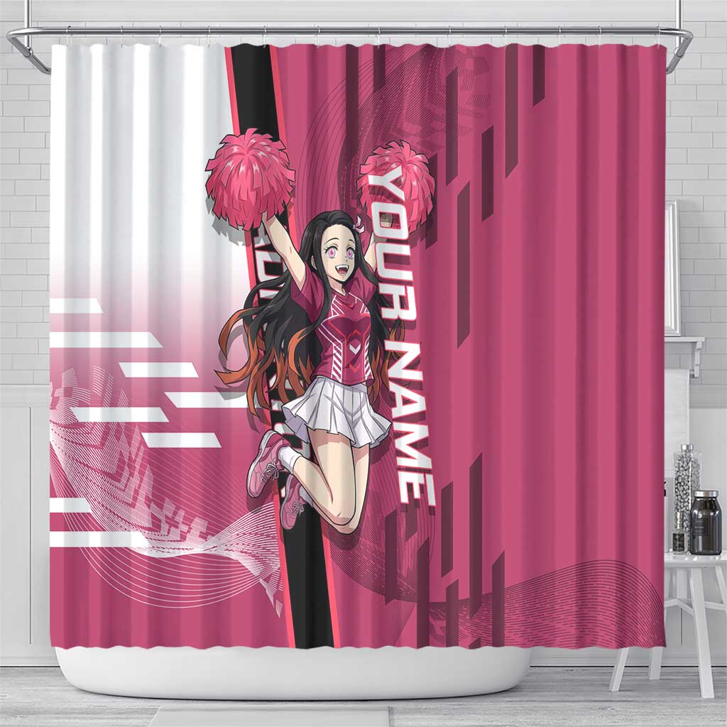 Personalized Nezuko Kamado Demon Slayer Badminton Cheerleader Shower Curtain with Pom Poms and Pink White Graphic Design - The Mazicc