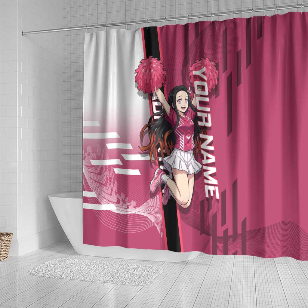 Personalized Nezuko Kamado Demon Slayer Badminton Cheerleader Shower Curtain with Pom Poms and Pink White Graphic Design - The Mazicc