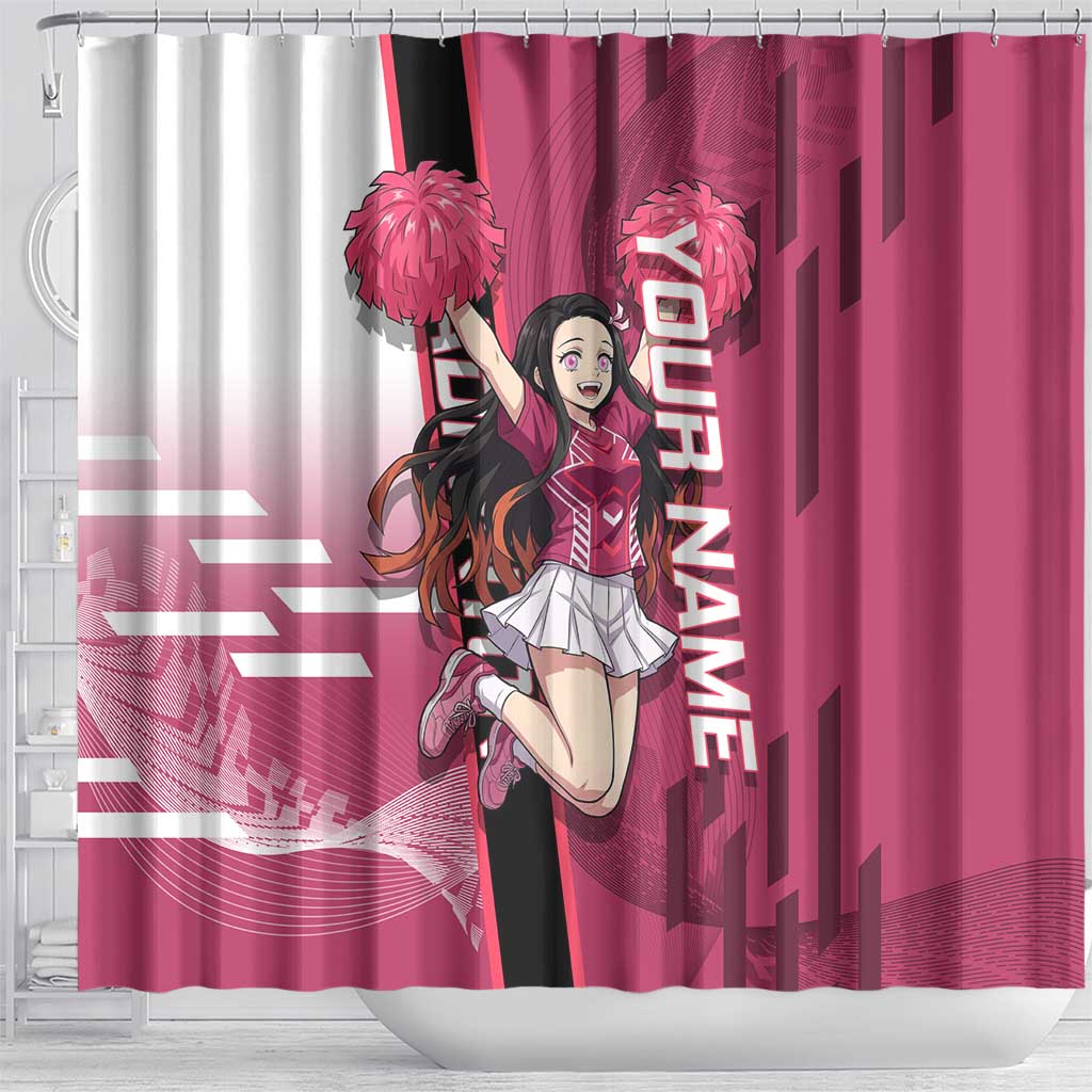 Personalized Nezuko Kamado Demon Slayer Badminton Cheerleader Shower Curtain with Pom Poms and Pink White Graphic Design - The Mazicc