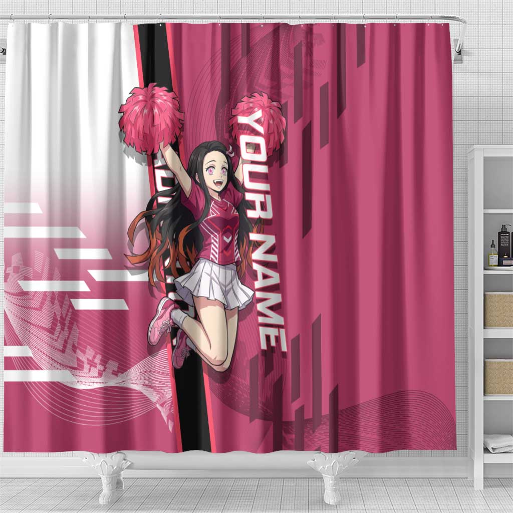 Personalized Nezuko Kamado Demon Slayer Badminton Cheerleader Shower Curtain with Pom Poms and Pink White Graphic Design - The Mazicc