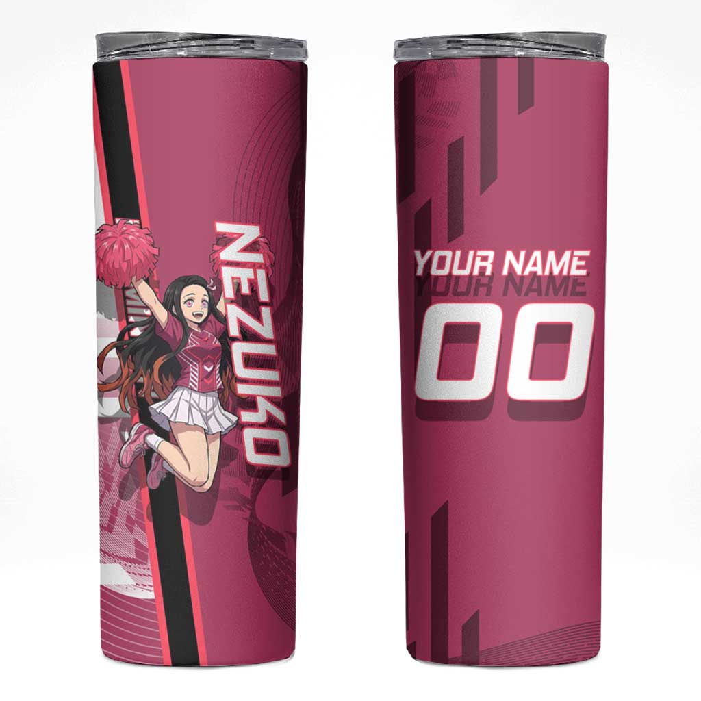Personalized Nezuko Kamado Demon Slayer Badminton Cheerleader Skinny Tumbler with Pom Poms and Pink White Graphic Design - The Mazicc