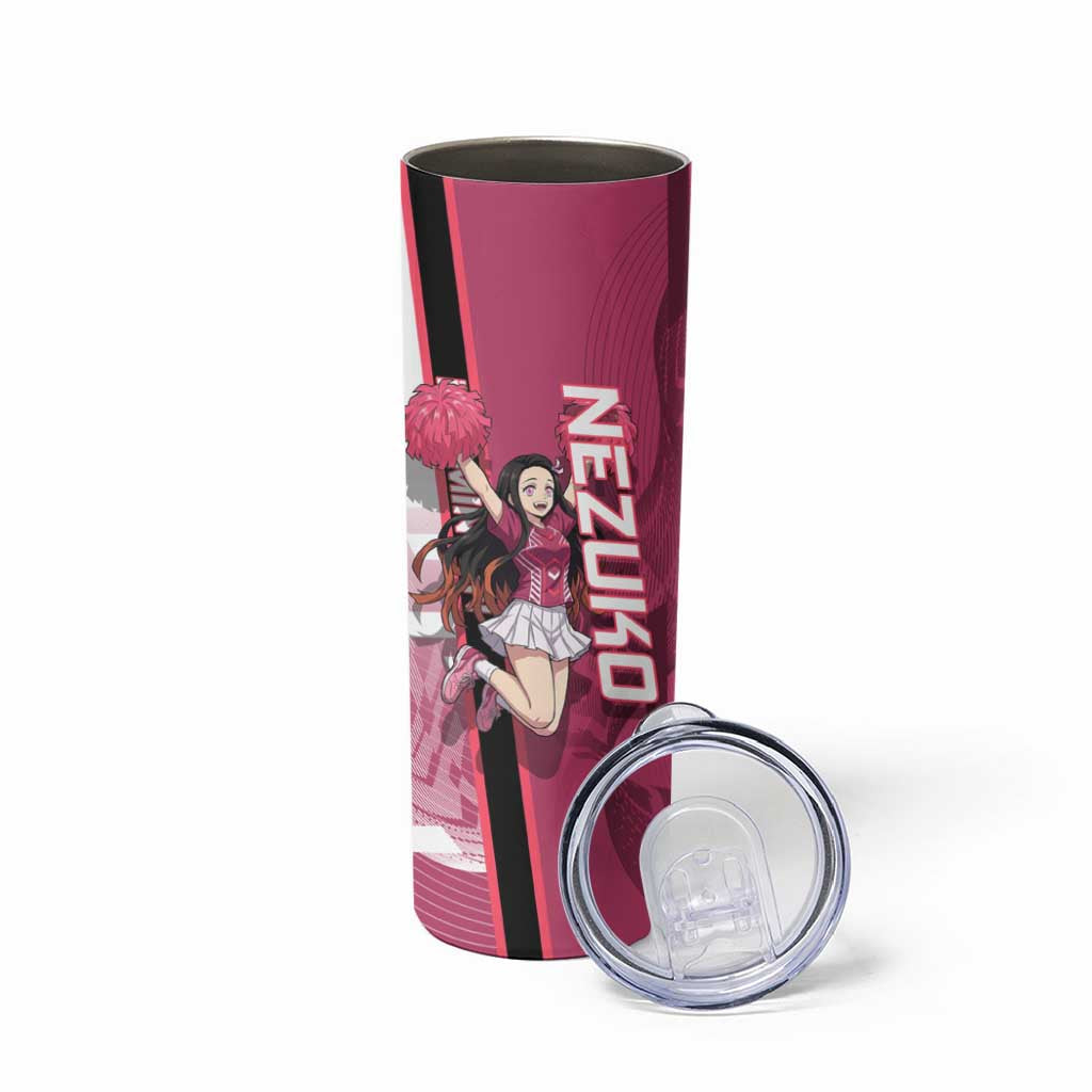 Personalized Nezuko Kamado Demon Slayer Badminton Cheerleader Skinny Tumbler with Pom Poms and Pink White Graphic Design - The Mazicc