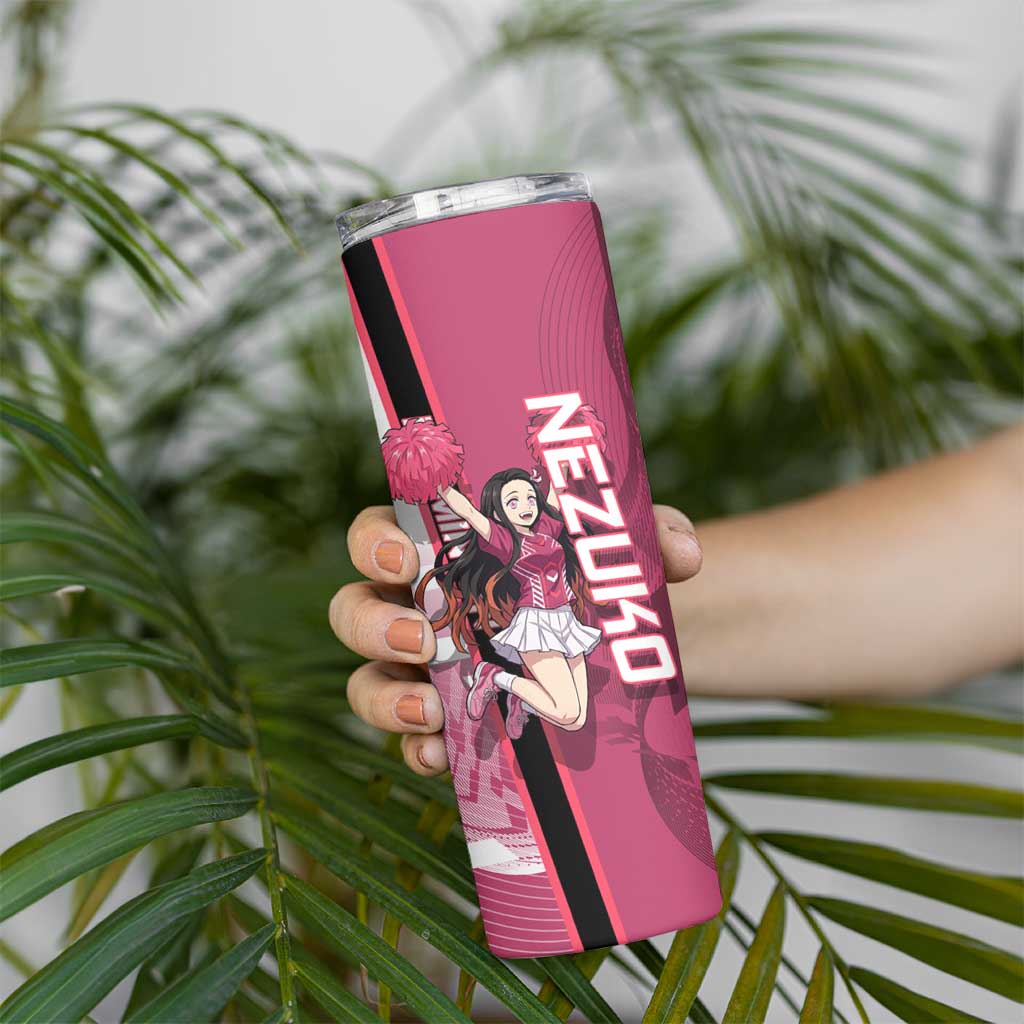 Personalized Nezuko Kamado Demon Slayer Badminton Cheerleader Skinny Tumbler with Pom Poms and Pink White Graphic Design - The Mazicc