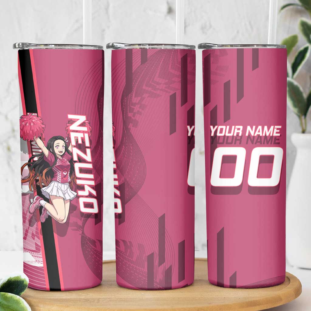 Personalized Nezuko Kamado Demon Slayer Badminton Cheerleader Skinny Tumbler with Pom Poms and Pink White Graphic Design - The Mazicc