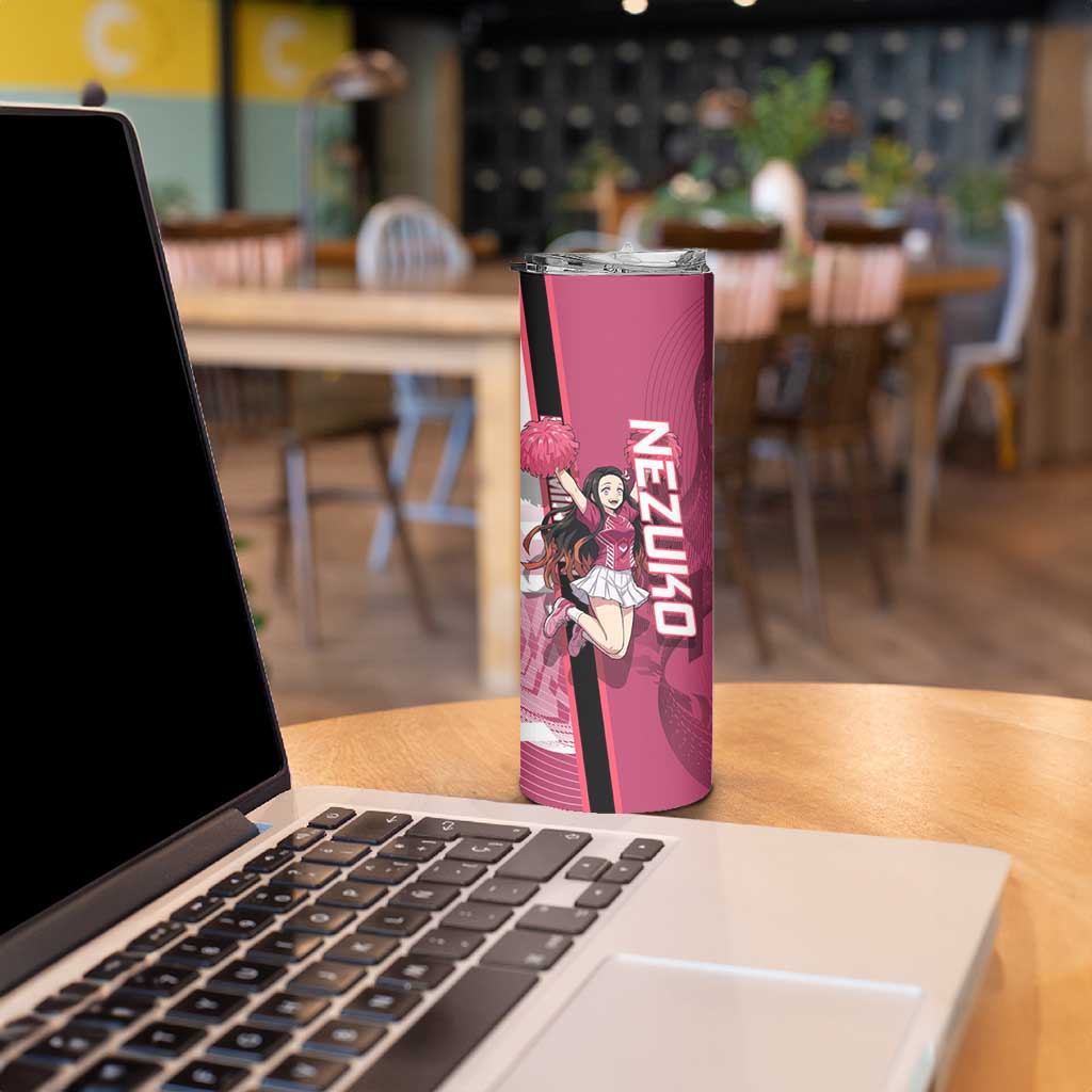Personalized Nezuko Kamado Demon Slayer Badminton Cheerleader Skinny Tumbler with Pom Poms and Pink White Graphic Design - The Mazicc