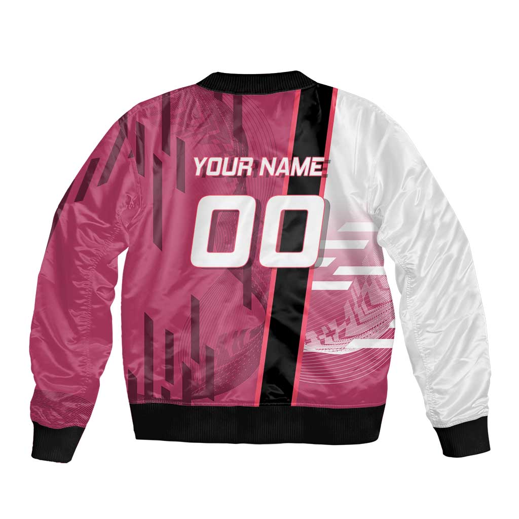 Personalized Nezuko Kamado Demon Slayer Badminton Cheerleader Sleeve Zip Bomber Jacket with Pom Poms and Pink White Graphic Design - The Mazicc