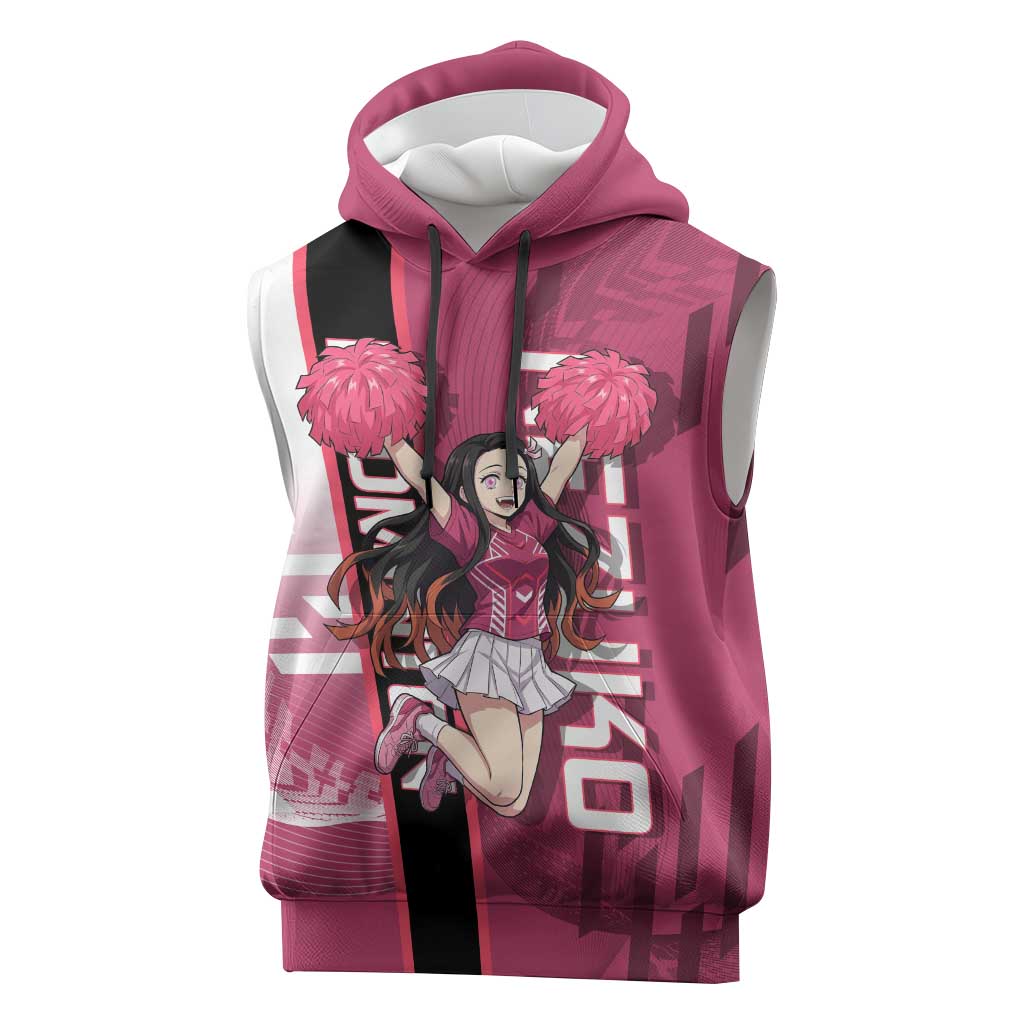 Personalized Nezuko Kamado Demon Slayer Badminton Cheerleader Sleeveless Hoodie with Pom Poms and Pink White Graphic Design - The Mazicc