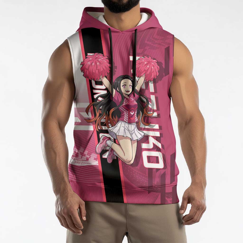 Personalized Nezuko Kamado Demon Slayer Badminton Cheerleader Sleeveless Hoodie with Pom Poms and Pink White Graphic Design - The Mazicc