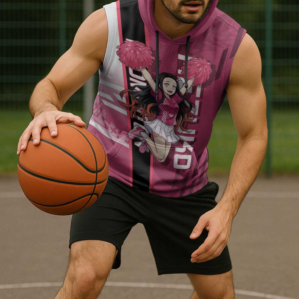 Personalized Nezuko Kamado Demon Slayer Badminton Cheerleader Sleeveless Hoodie with Pom Poms and Pink White Graphic Design - The Mazicc