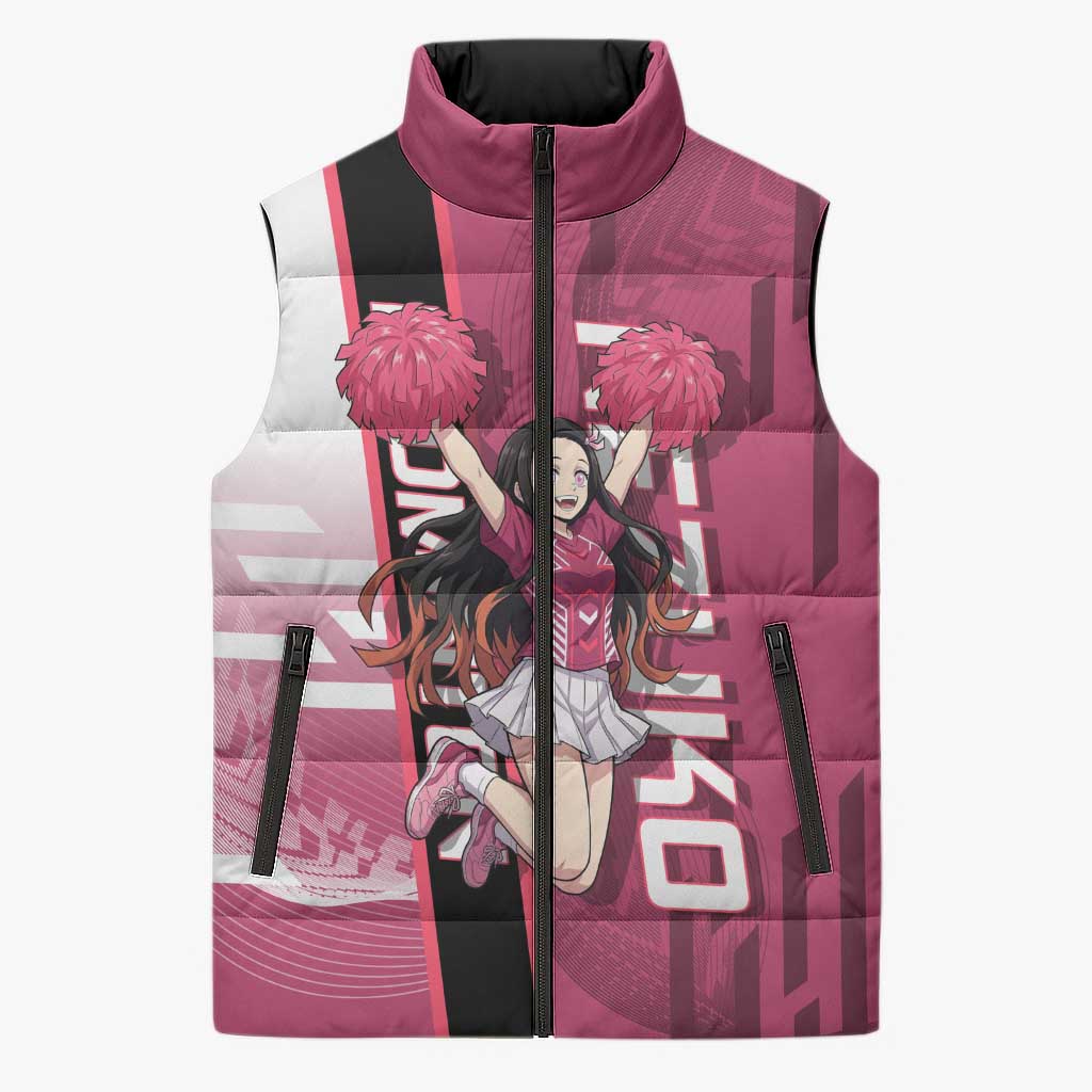 Personalized Nezuko Kamado Demon Slayer Badminton Cheerleader Sleeveless Puffer Jacket with Pom Poms and Pink White Graphic Design - The Mazicc