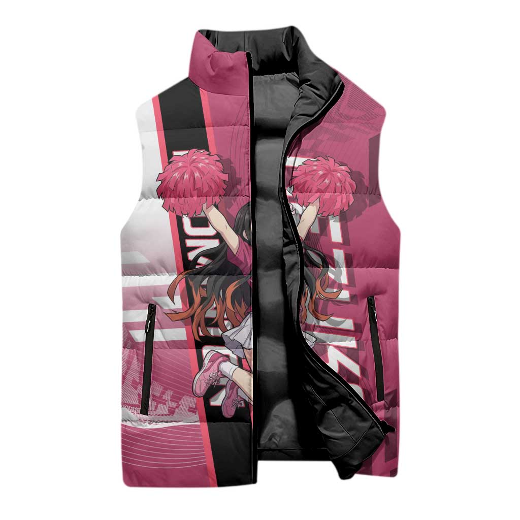 Personalized Nezuko Kamado Demon Slayer Badminton Cheerleader Sleeveless Puffer Jacket with Pom Poms and Pink White Graphic Design - The Mazicc