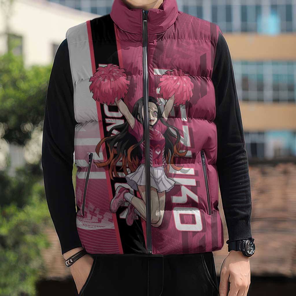 Personalized Nezuko Kamado Demon Slayer Badminton Cheerleader Sleeveless Puffer Jacket with Pom Poms and Pink White Graphic Design - The Mazicc
