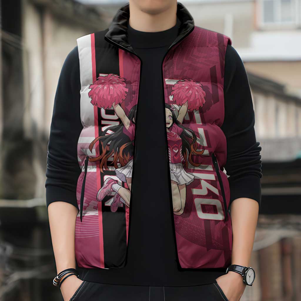 Personalized Nezuko Kamado Demon Slayer Badminton Cheerleader Sleeveless Puffer Jacket with Pom Poms and Pink White Graphic Design - The Mazicc