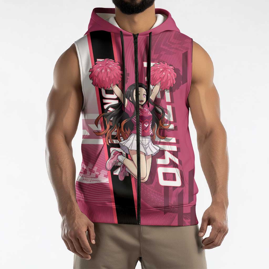 Personalized Nezuko Kamado Demon Slayer Badminton Cheerleader Sleeveless Zip Hoodie with Pom Poms and Pink White Graphic Design - The Mazicc