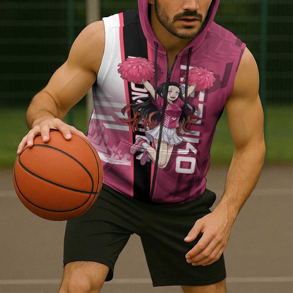 Personalized Nezuko Kamado Demon Slayer Badminton Cheerleader Sleeveless Zip Hoodie with Pom Poms and Pink White Graphic Design - The Mazicc