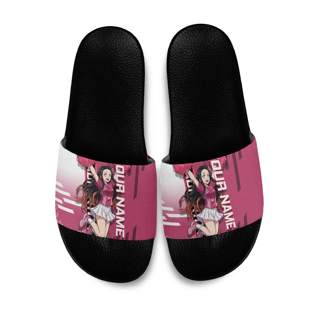 Personalized Nezuko Kamado Demon Slayer Badminton Cheerleader Slide Sandals with Pom Poms and Pink White Graphic Design - The Mazicc