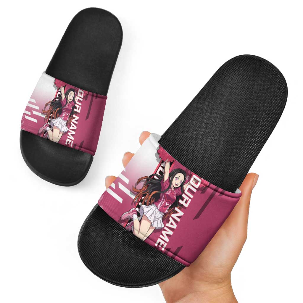 Personalized Nezuko Kamado Demon Slayer Badminton Cheerleader Slide Sandals with Pom Poms and Pink White Graphic Design - The Mazicc